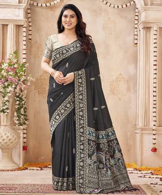 black handloom silk blend fabric woven designer graceful saree 1