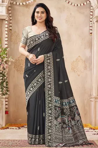 black handloom silk blend fabric woven designer graceful saree