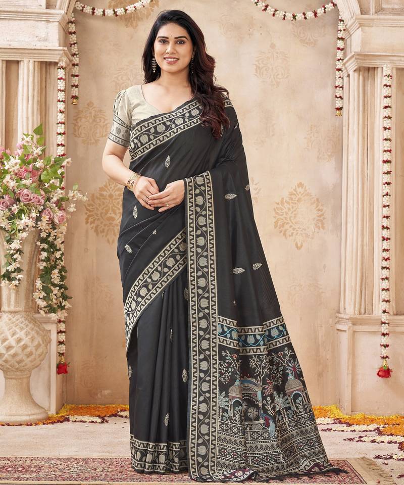 black handloom silk blend fabric woven designer graceful saree
