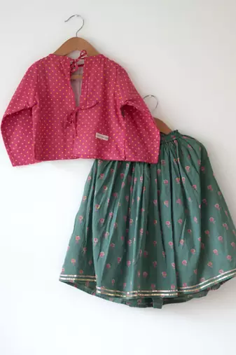 Green and magenta pink hand block printed cotton lehenga set