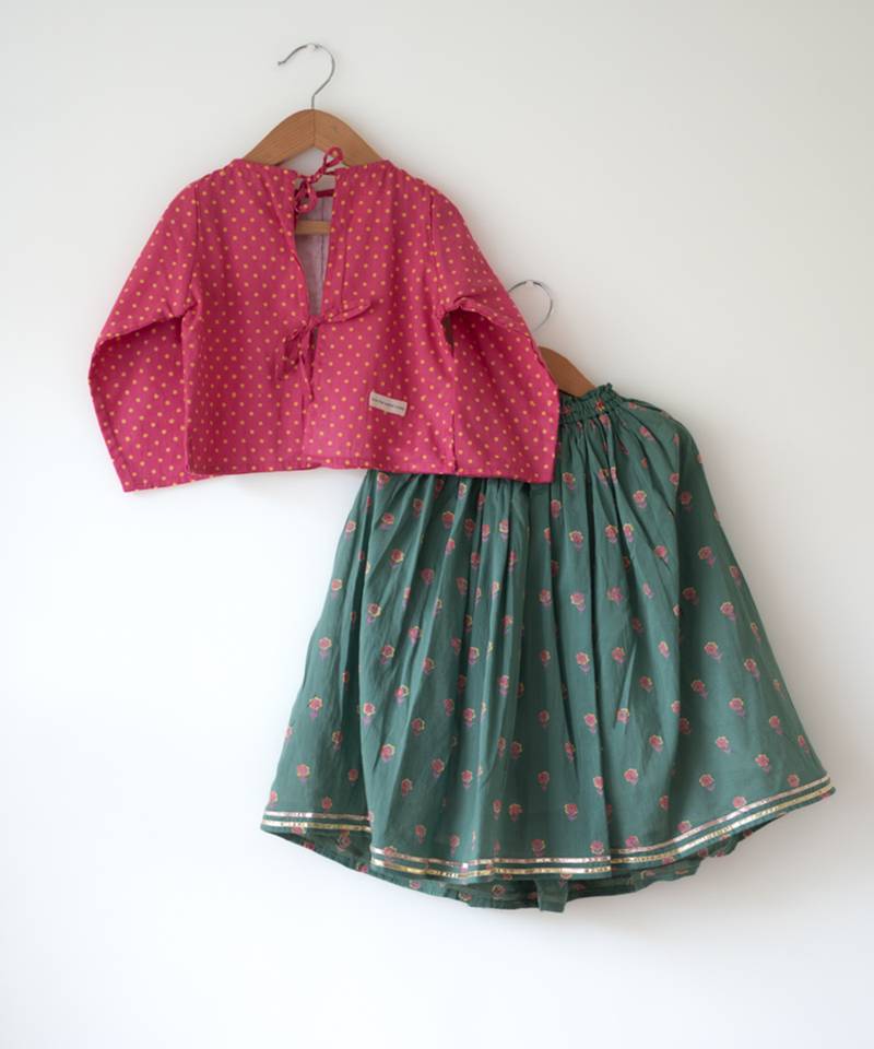 Green and magenta pink hand block printed cotton lehenga set