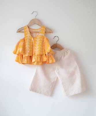 Yellow and off white hand block printed cotton top and pallazo set 1