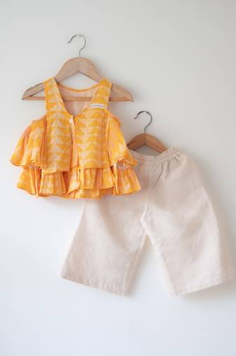 Yellow and off white hand block printed cotton top and pallazo set