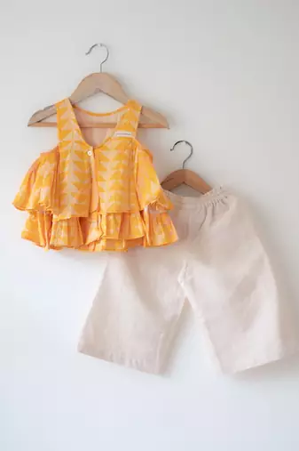 Yellow and off white hand block printed cotton top and pallazo set