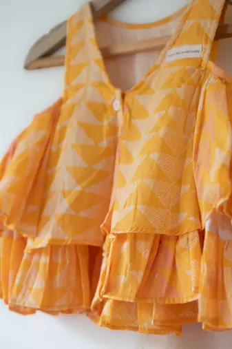 Yellow and off white hand block printed cotton top and pallazo set