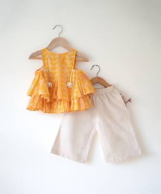 Yellow and off white hand block printed cotton top and pallazo set 3