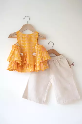 Yellow and off white hand block printed cotton top and pallazo set