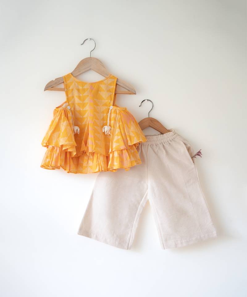 Yellow and off white hand block printed cotton top and pallazo set