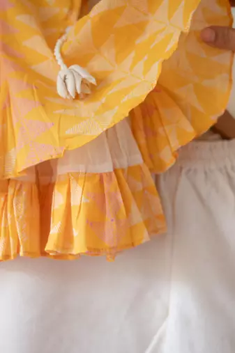 Yellow and off white hand block printed cotton top and pallazo set