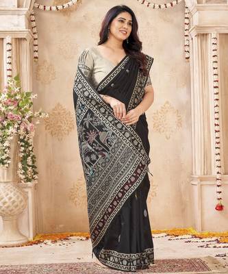 black handloom silk blend fabric woven designer graceful saree 4