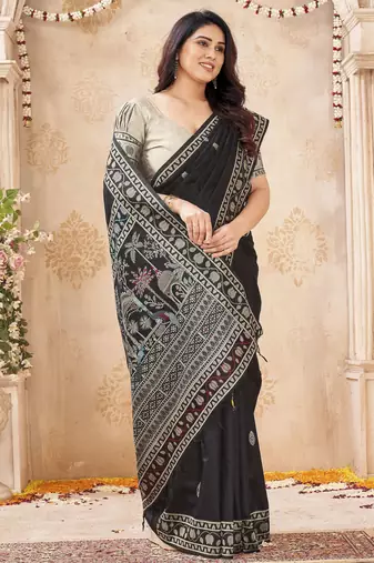 black handloom silk blend fabric woven designer graceful saree