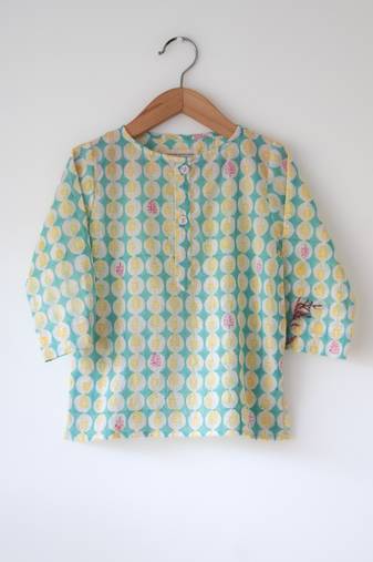 Green hand block printed cotton kurta