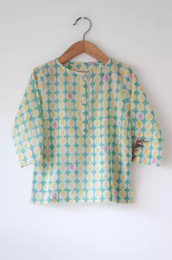 Green hand block printed cotton kurta