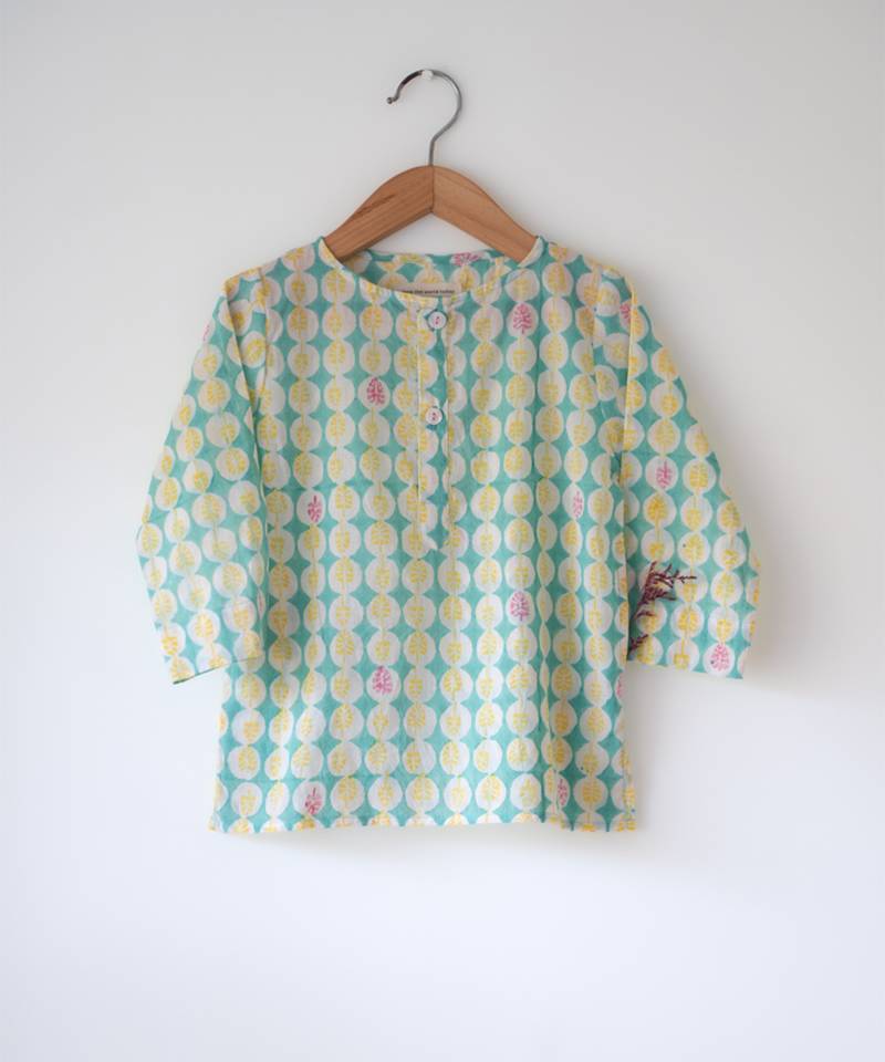 Green hand block printed cotton kurta