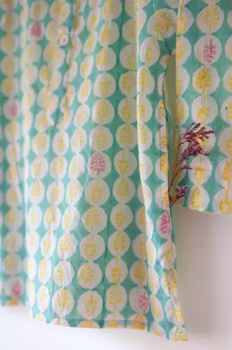 Green hand block printed cotton kurta