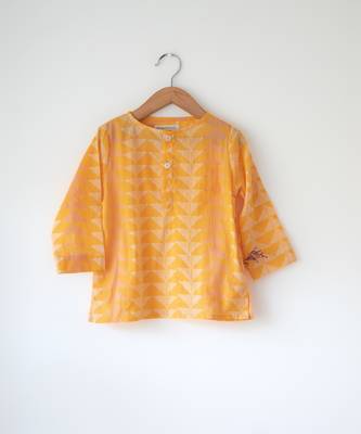Yellow hand block printed cotton kurta 1