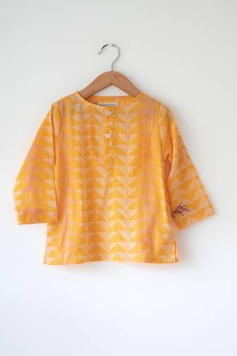 Yellow hand block printed cotton kurta