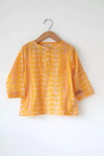 Yellow hand block printed cotton kurta
