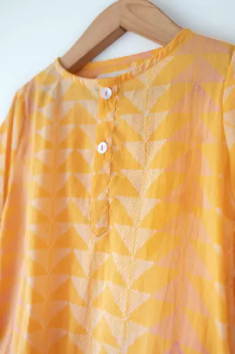 Yellow hand block printed cotton kurta