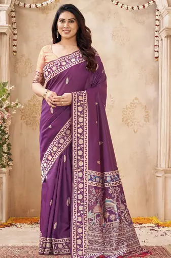 purple handloom silk blend fabric woven designer graceful saree