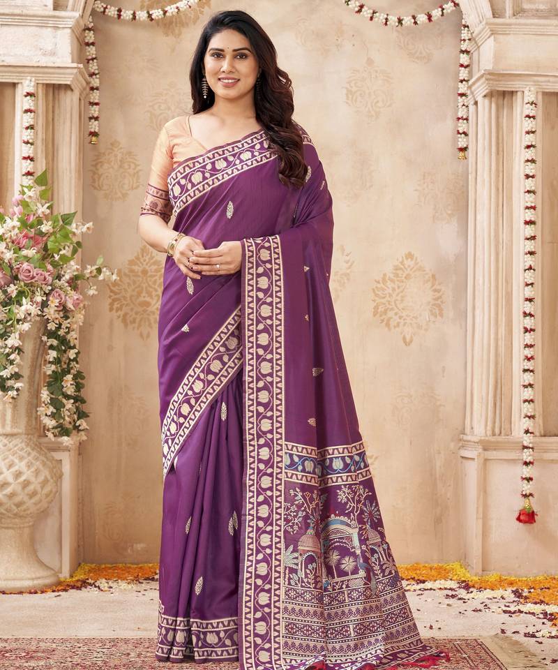 purple handloom silk blend fabric woven designer graceful saree