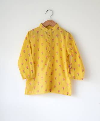 Yellow floral hand block printed cotton kurta 1