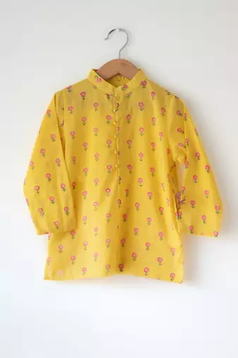 Yellow floral hand block printed cotton kurta