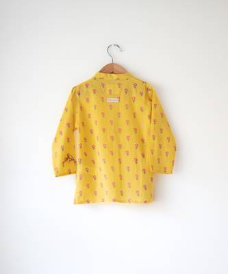 Yellow floral hand block printed cotton kurta 2