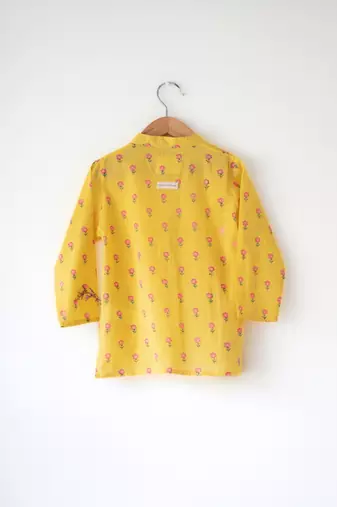 Yellow floral hand block printed cotton kurta