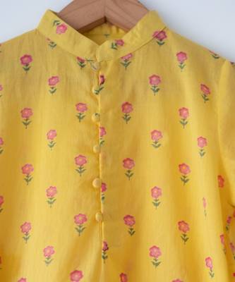 Yellow floral hand block printed cotton kurta 3