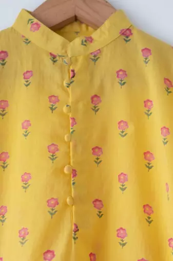 Yellow floral hand block printed cotton kurta