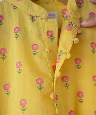 Yellow floral hand block printed cotton kurta 4