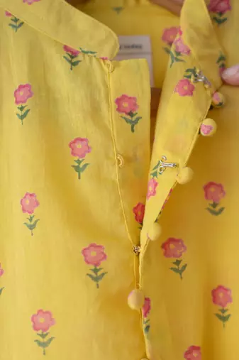 Yellow floral hand block printed cotton kurta