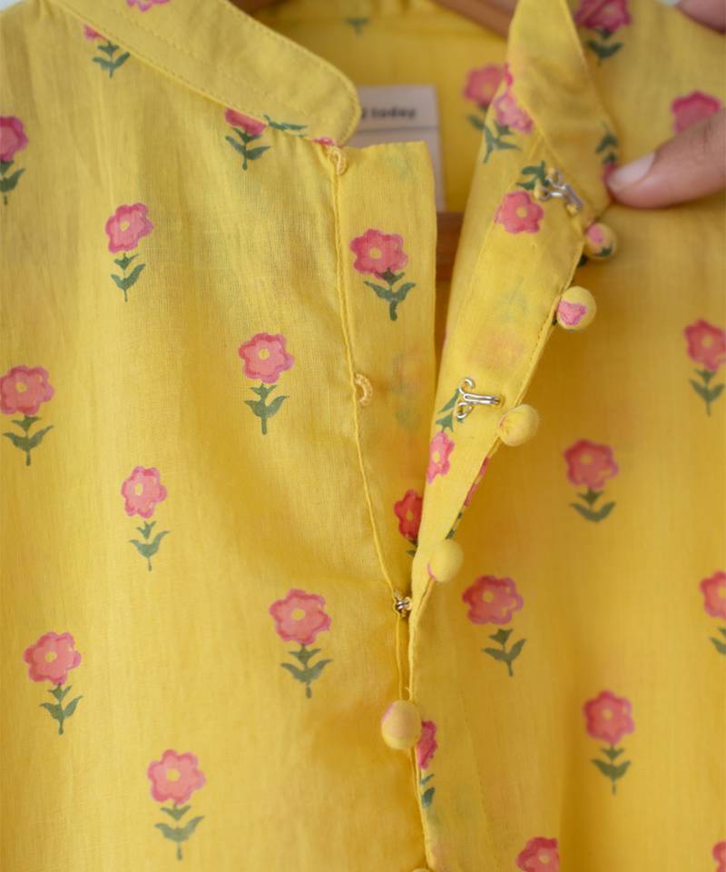 Yellow floral hand block printed cotton kurta