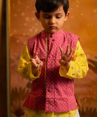 Magenta pink hand block printed cotton nehru jacket 1
