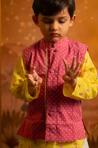 Magenta pink hand block printed cotton nehru jacket