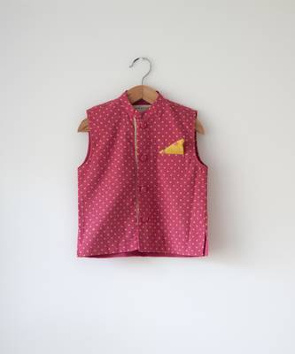 Magenta pink hand block printed cotton nehru jacket 2