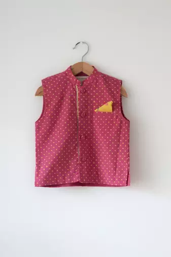 Magenta pink hand block printed cotton nehru jacket
