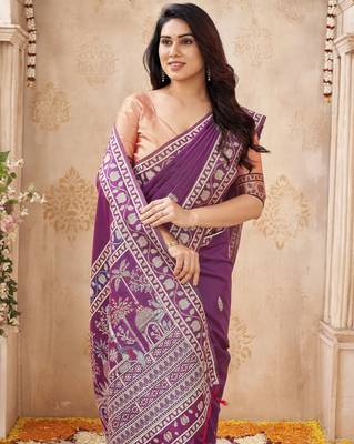 purple handloom silk blend fabric woven designer graceful saree 3