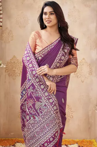 purple handloom silk blend fabric woven designer graceful saree