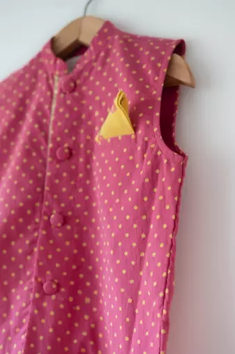 Magenta pink hand block printed cotton nehru jacket
