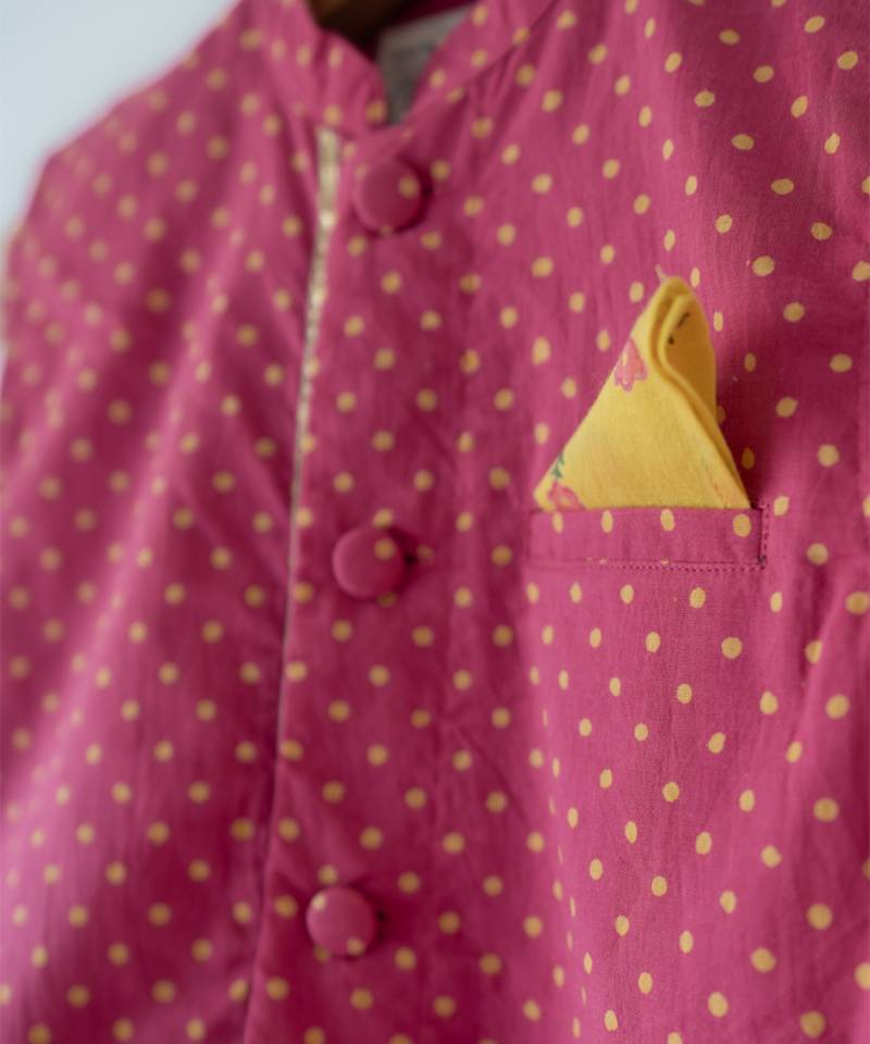 Magenta pink hand block printed cotton nehru jacket
