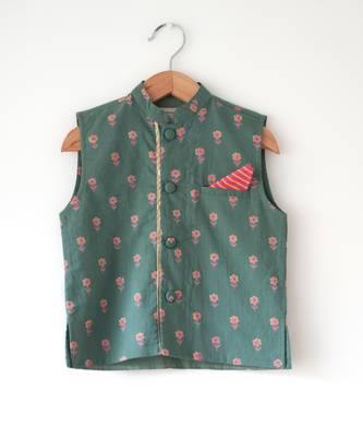 Green hand block printed cotton nehru jacket 1