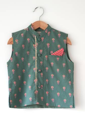 Green hand block printed cotton nehru jacket