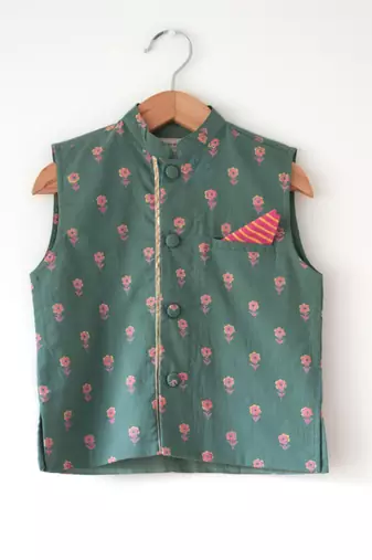 Green hand block printed cotton nehru jacket