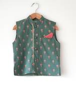 Green hand block printed cotton nehru jacket