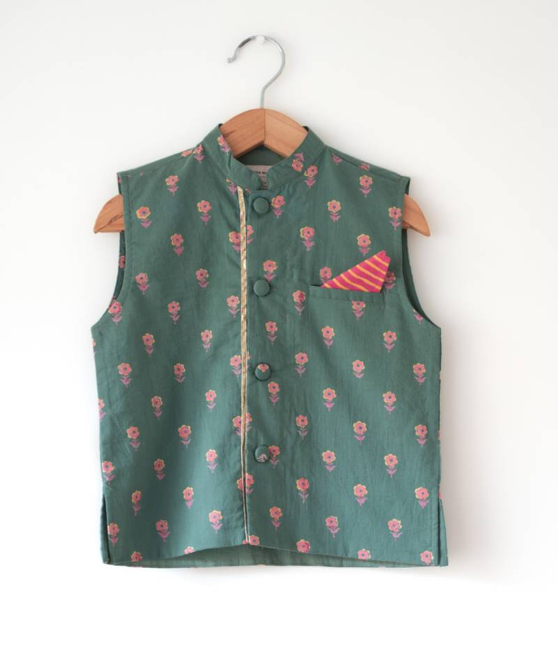 Green hand block printed cotton nehru jacket