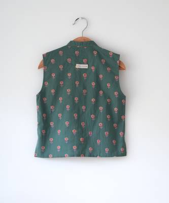 Green hand block printed cotton nehru jacket 2