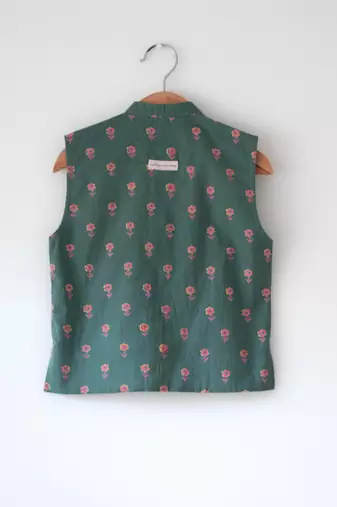 Green hand block printed cotton nehru jacket
