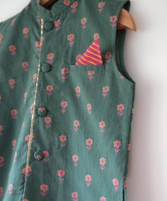 Green hand block printed cotton nehru jacket 3